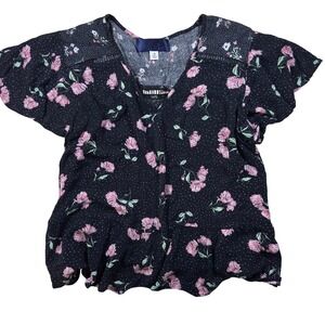 Blue Rain Floral Polka Dot Blouse V-Neck Ruffle Short‎ Sleeve Top Black Pink  M